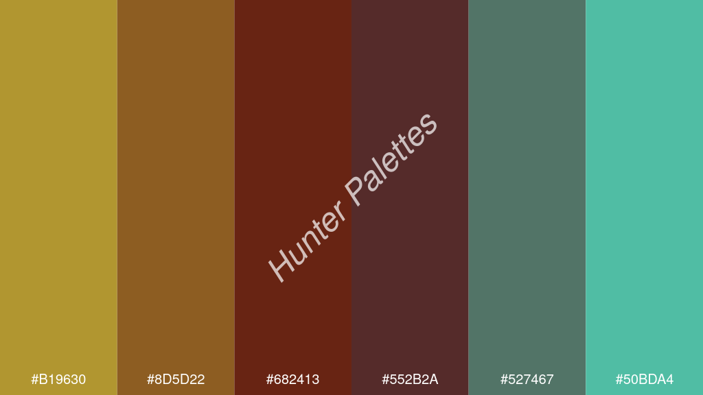 bor szín palettája a következőkkel: #b19630 #8d5d22 #682413 #552b2a #527467 #50bda4