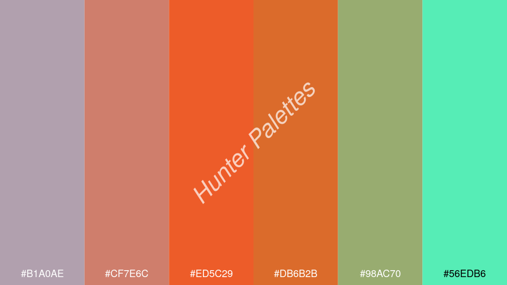 fluoreszkáló narancs szín palettája a következőkkel: #b1a0ae #cf7e6c #ed5c29 #db6b2b #98ac70 #56edb6