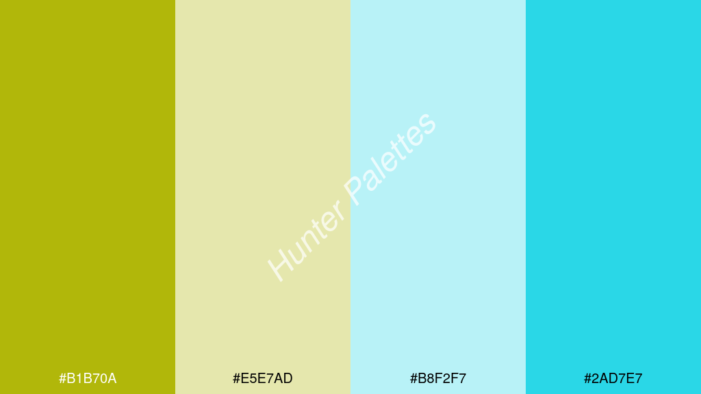 fehér szín palettája a következőkkel: #b1b70a #e5e7ad #b8f2f7 #2ad7e7