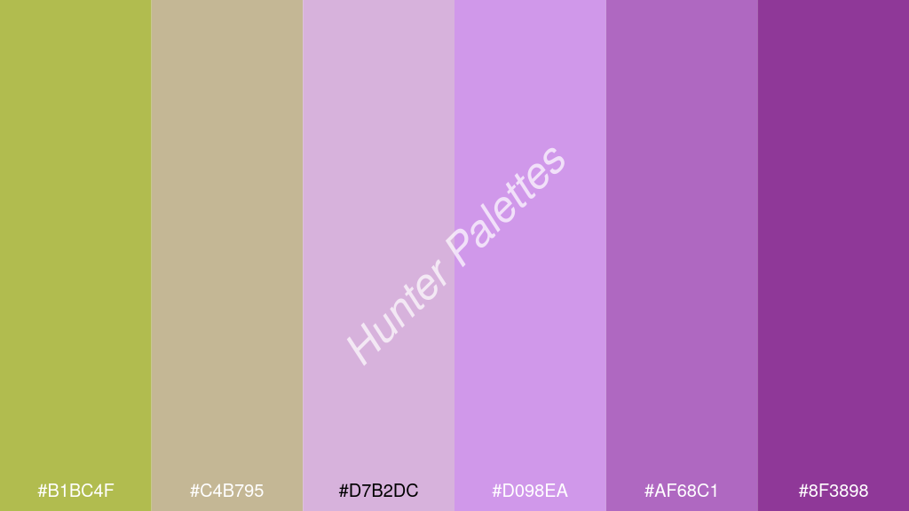mályva szín palettája a következőkkel: #b1bc4f #c4b795 #d7b2dc #d098ea #af68c1 #8f3898