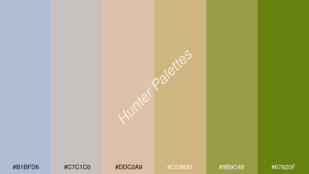 bézs szín palettája a következőkkel: #b1bfd6 #c7c1c0 #ddc2a9 #ceb681 #9b9c48 #67820f