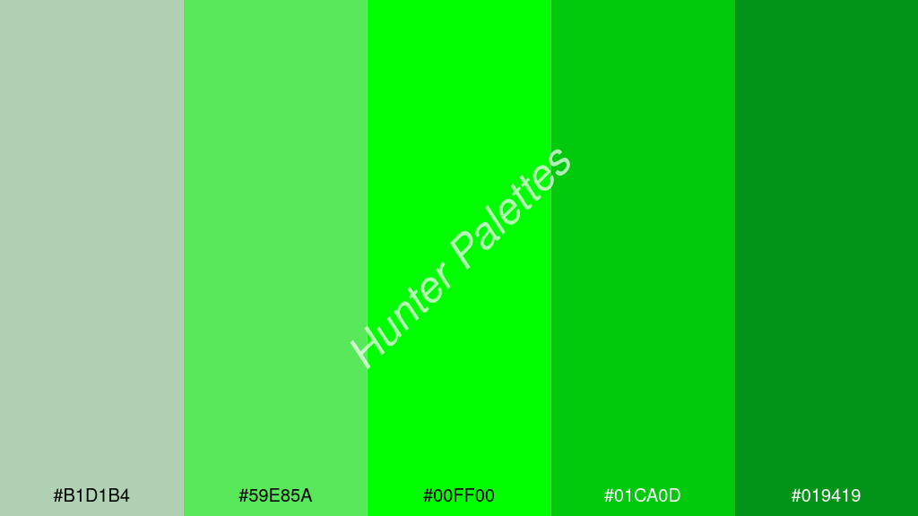zöld szín palettája a következőkkel: #b1d1b4 #59e85a #00ff00 #01ca0d #019419