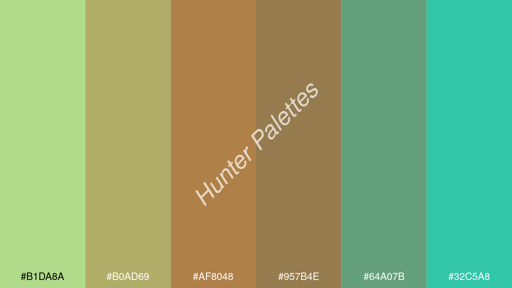 karamell szín palettája a következőkkel: #b1da8a #b0ad69 #af8048 #957b4e #64a07b #32c5a8