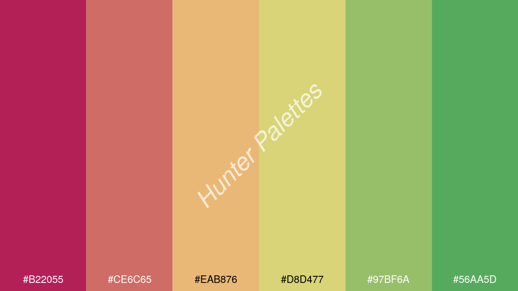 jázmin szín palettája a következőkkel: #b22055 #ce6c65 #eab876 #d8d477 #97bf6a #56aa5d