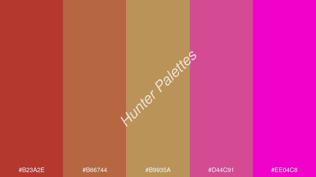 okker szín palettája a következőkkel: #b23a2e #b66744 #b9935a #d44c91 #ee04c8