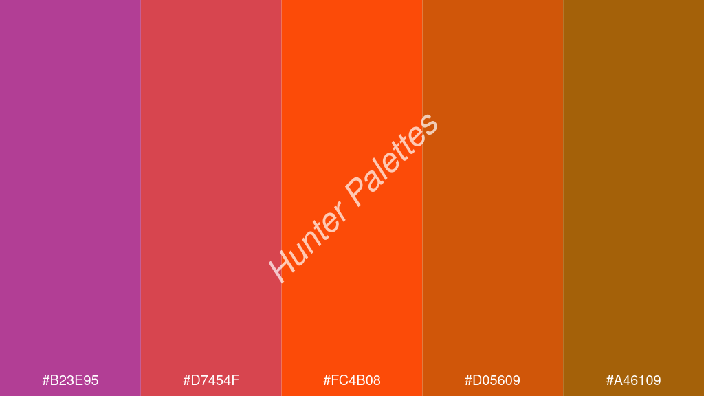 fluoreszkáló narancs szín palettája a következőkkel: #b23e95 #d7454f #fc4b08 #d05609 #a46109