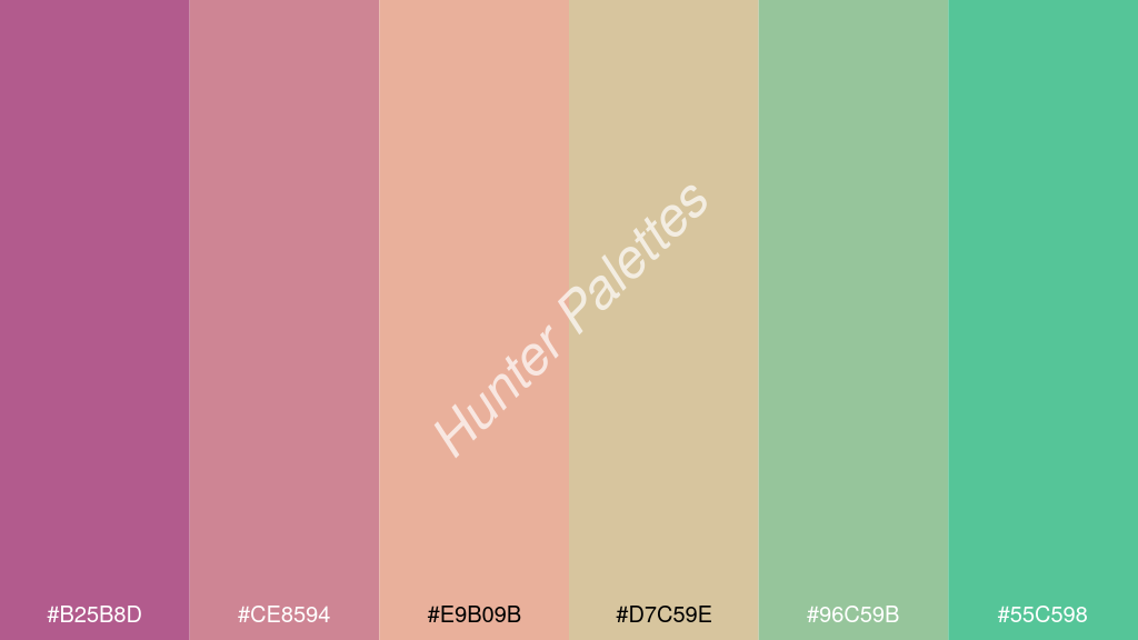 őszibarack szín palettája a következőkkel: #b25b8d #ce8594 #e9b09b #d7c59e #96c59b #55c598