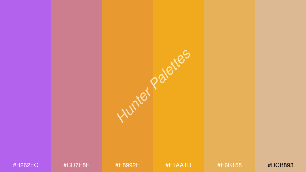 mustársárga szín palettája a következőkkel: #b262ec #cd7e8e #e8992f #f1aa1d #e6b158 #dcb893