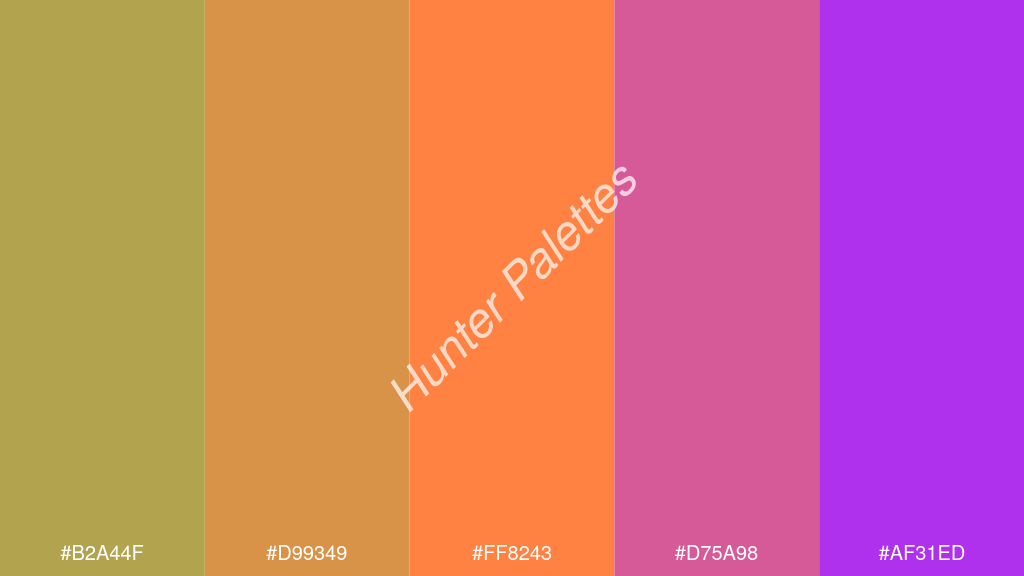 mangó szín palettája a következőkkel: #b2a44f #d99349 #ff8243 #d75a98 #af31ed