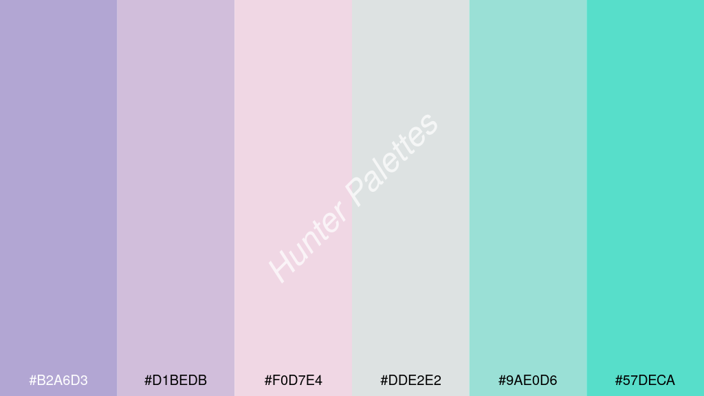halvány rózsaszín szín palettája a következőkkel: #b2a6d3 #d1bedb #f0d7e4 #dde2e2 #9ae0d6 #57deca