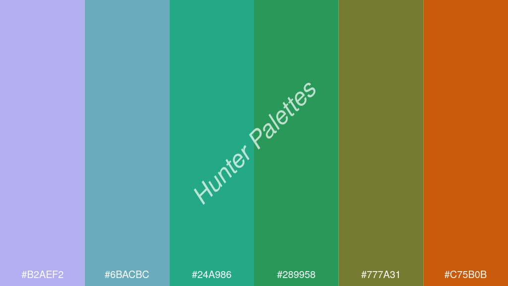 jáde szín palettája a következőkkel: #b2aef2 #6bacbc #24a986 #289958 #777a31 #c75b0b