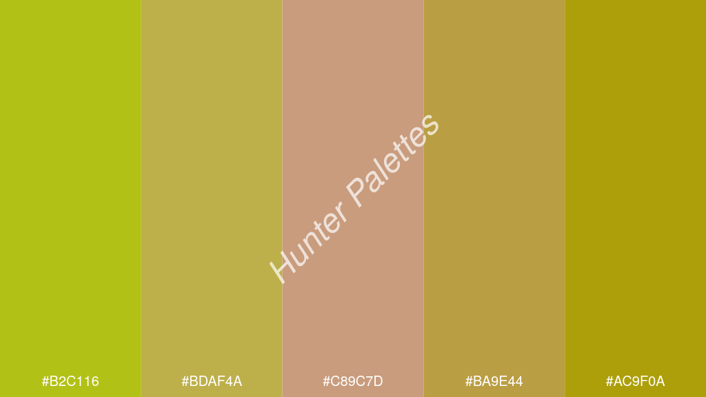 terracotta szín palettája a következőkkel: #b2c116 #bdaf4a #c89c7d #ba9e44 #ac9f0a