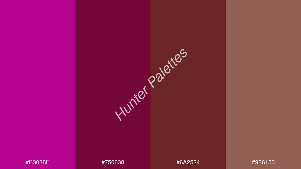 bor szín palettája a következőkkel: #b3038f #750638 #6a2524 #936153