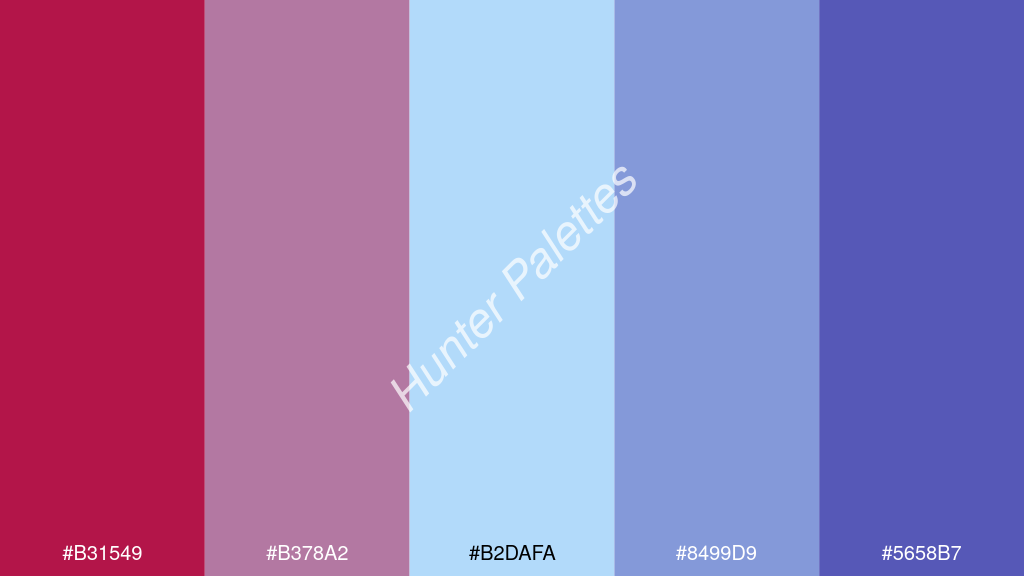 pasztellkék szín palettája a következőkkel: #b31549 #b378a2 #b2dafa #8499d9 #5658b7