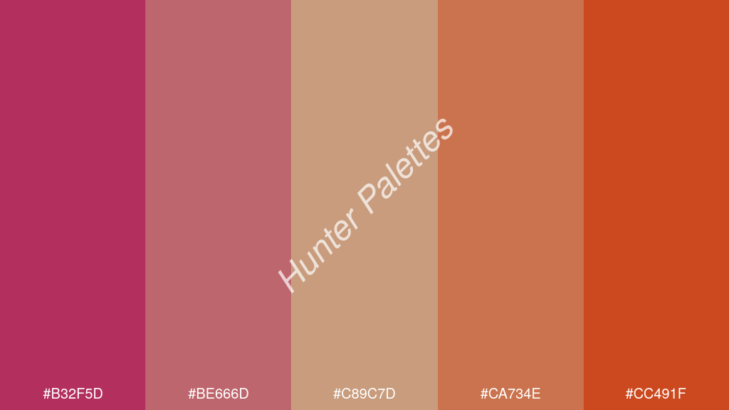 terracotta szín palettája a következőkkel: #b32f5d #be666d #c89c7d #ca734e #cc491f