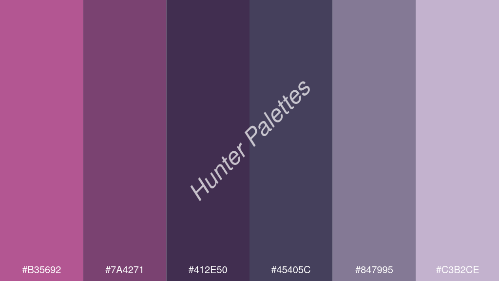 tengerészkék szín palettája a következőkkel: #b35692 #7a4271 #412e50 #45405c #847995 #c3b2ce