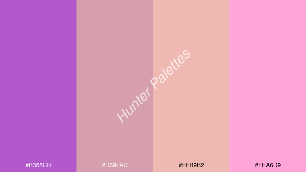 bézs szín palettája a következőkkel: #b358cb #d69fad #efb9b2 #fea6d9