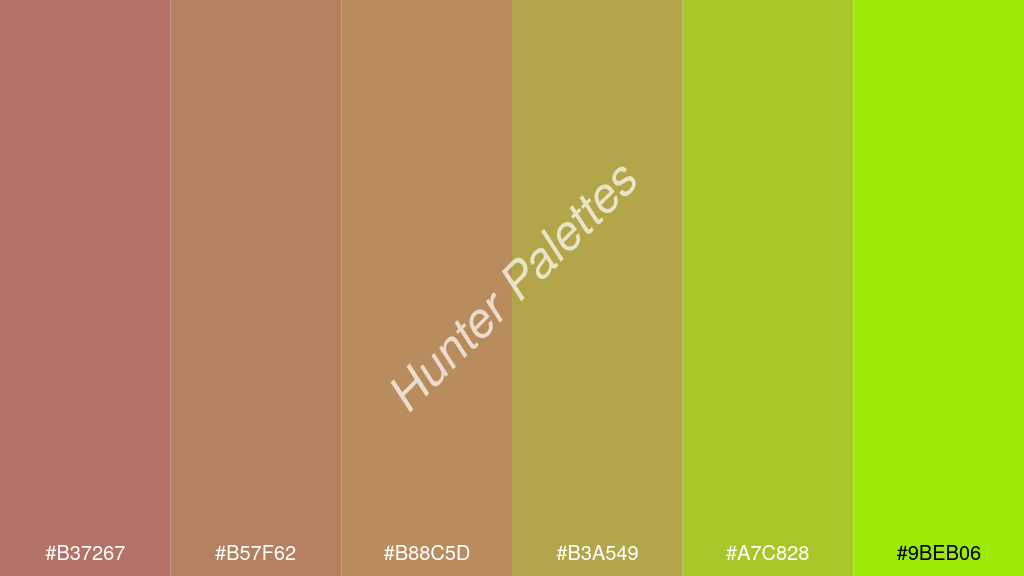 okker szín palettája a következőkkel: #b37267 #b57f62 #b88c5d #b3a549 #a7c828 #9beb06
