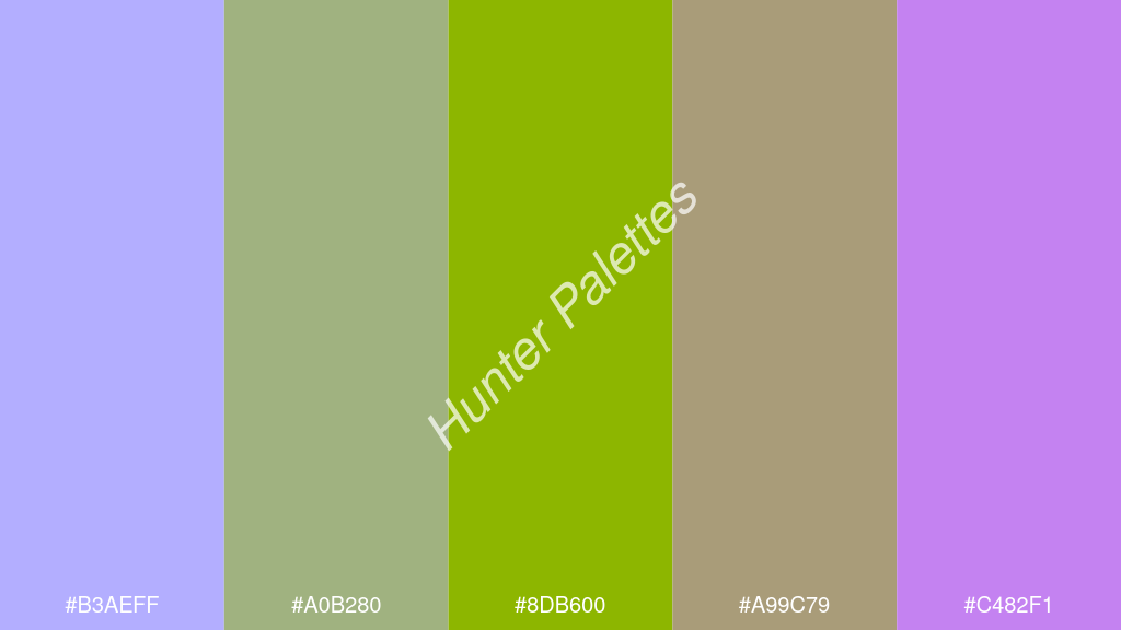 alma zöld szín palettája a következőkkel: #b3aeff #a0b280 #8db600 #a99c79 #c482f1