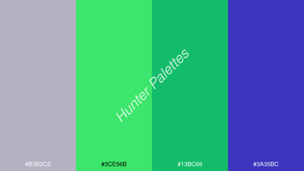 fluoreszkáló zöld szín palettája a következőkkel: #b3b2c2 #3ce56b #13bc69 #3a35bc