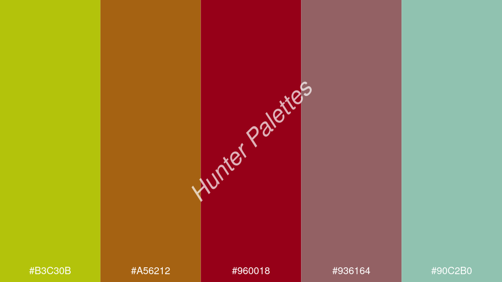 karmazsin szín palettája a következőkkel: #b3c30b #a56212 #960018 #936164 #90c2b0