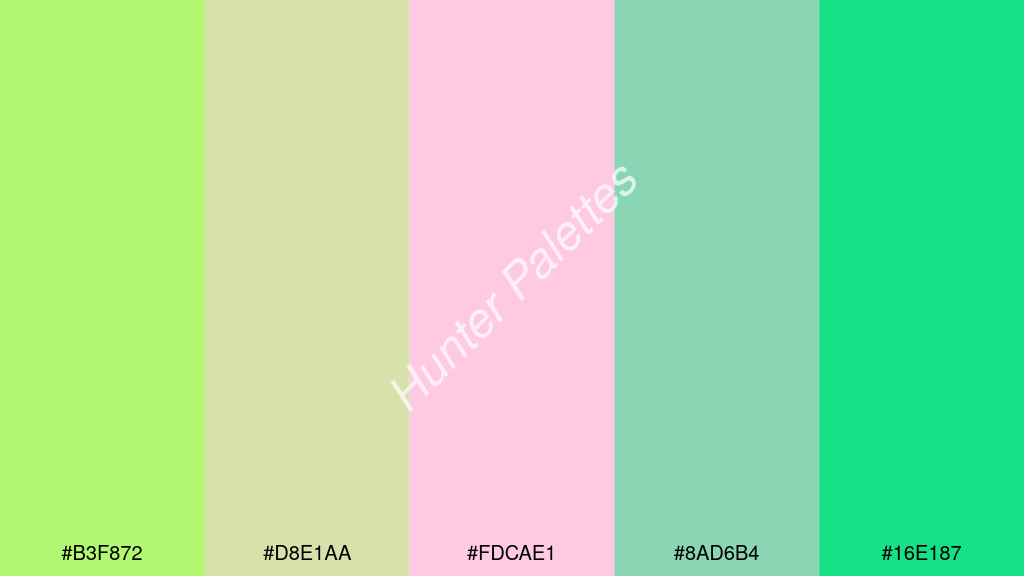 pasztell rózsaszín szín palettája a következőkkel: #b3f872 #d8e1aa #fdcae1 #8ad6b4 #16e187