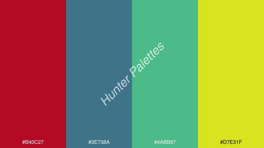akvamarin kék szín palettája a következőkkel: #b40c27 #3e738a #4abb87 #d7e31f
