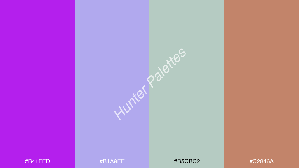 halvány türkiz szín palettája a következőkkel: #b41fed #b1a9ee #b5cbc2 #c2846a