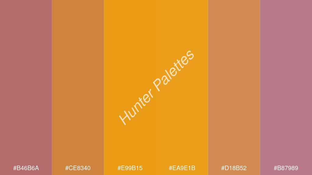 mustársárga szín palettája a következőkkel: #b46b6a #ce8340 #e99b15 #ea9e1b #d18b52 #b87989