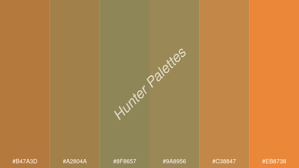 olívazöld szín palettája a következőkkel: #b47a3d #a2804a #8f8657 #9a8956 #c38847 #eb8738