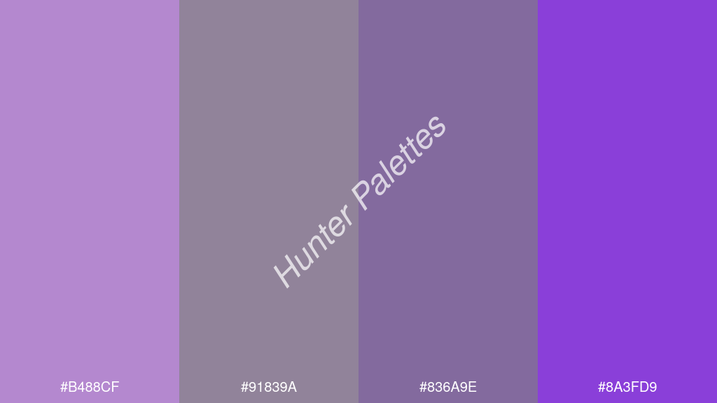 szürke szín palettája a következőkkel: #b488cf #91839a #836a9e #8a3fd9