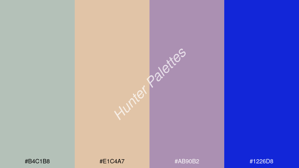 őszibarack szín palettája a következőkkel: #b4c1b8 #e1c4a7 #ab90b2 #1226d8