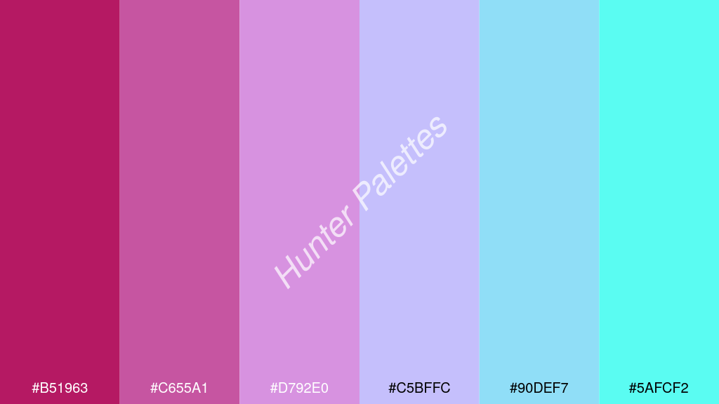 mályva szín palettája a következőkkel: #b51963 #c655a1 #d792e0 #c5bffc #90def7 #5afcf2
