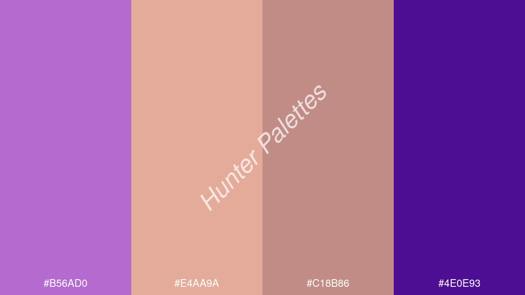 dinnye szín palettája a következőkkel: #b56ad0 #e4aa9a #c18b86 #4e0e93