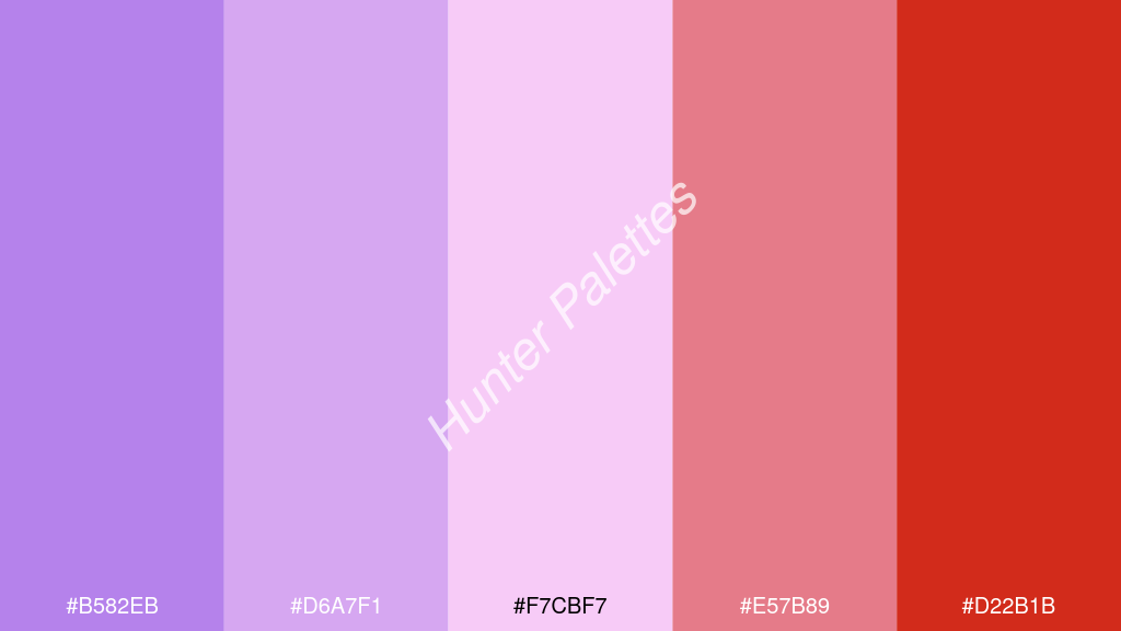 világos rózsaszín szín palettája a következőkkel: #b582eb #d6a7f1 #f7cbf7 #e57b89 #d22b1b