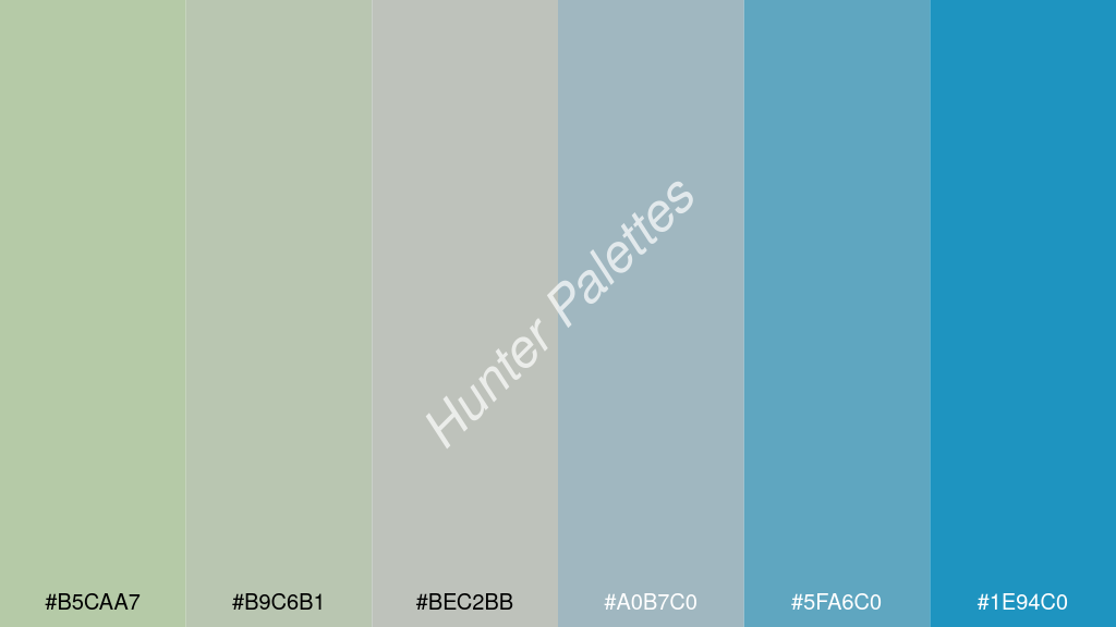 ezüstszürke szín palettája a következőkkel: #b5caa7 #b9c6b1 #bec2bb #a0b7c0 #5fa6c0 #1e94c0