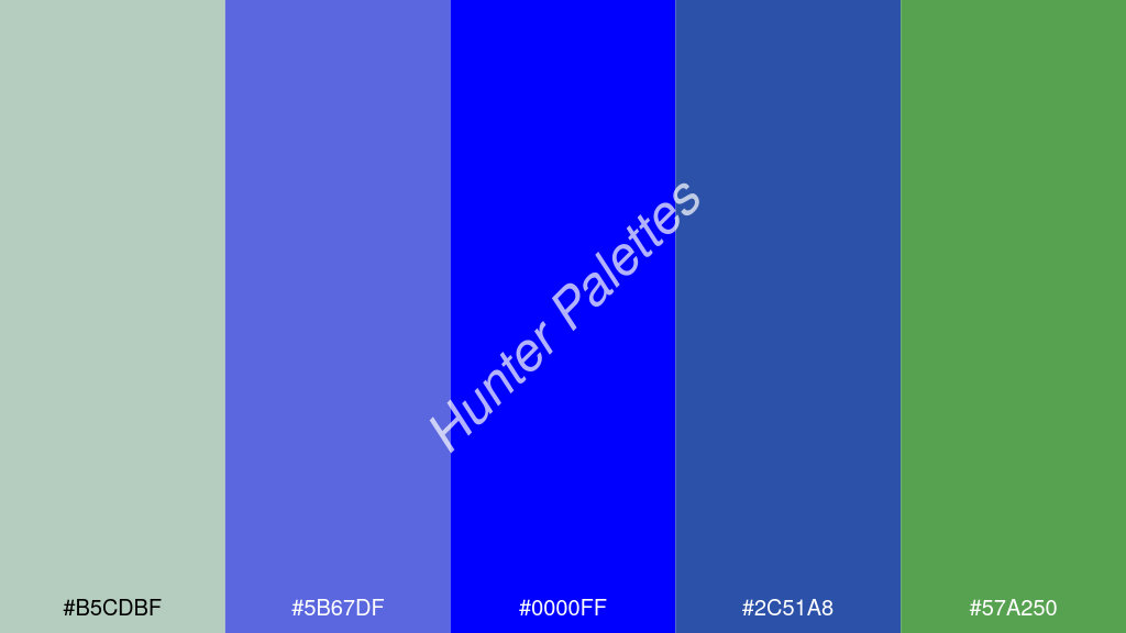 kék szín palettája a következőkkel: #b5cdbf #5b67df #0000ff #2c51a8 #57a250