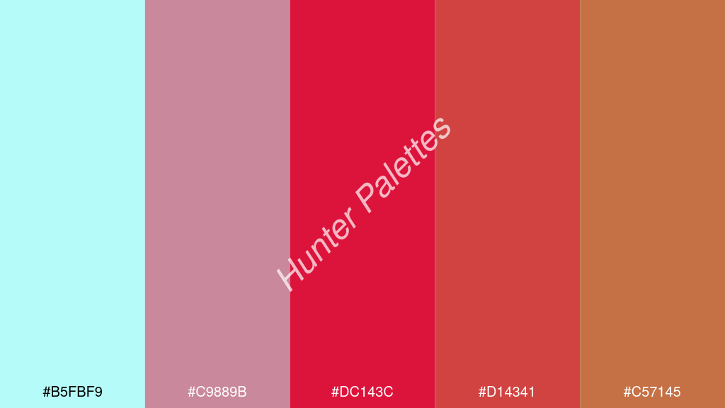 bíbor szín palettája a következőkkel: #b5fbf9 #c9889b #dc143c #d14341 #c57145