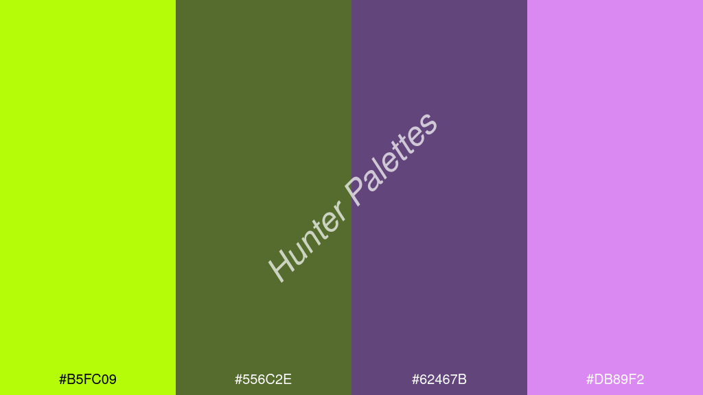 tengerészkék szín palettája a következőkkel: #b5fc09 #556c2e #62467b #db89f2