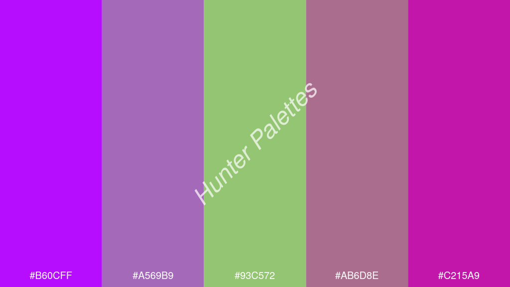 pisztáciazöld szín palettája a következőkkel: #b60cff #a569b9 #93c572 #ab6d8e #c215a9