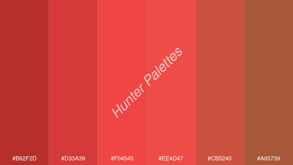 világos piros szín palettája a következőkkel: #b62f2d #d33a39 #f04545 #ee4d47 #cb5240 #a85739