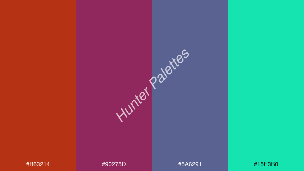 lila szín palettája a következőkkel: #b63214 #90275d #5a6291 #15e3b0