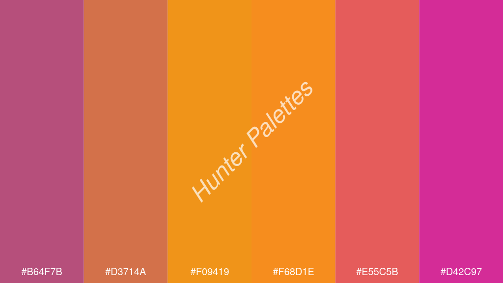narancssárga szín palettája a következőkkel: #b64f7b #d3714a #f09419 #f68d1e #e55c5b #d42c97