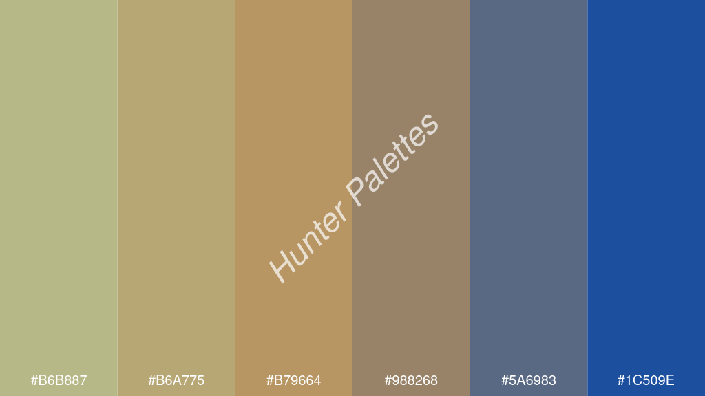 kalua szín palettája a következőkkel: #b6b887 #b6a775 #b79664 #988268 #5a6983 #1c509e