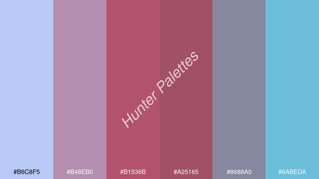 gránát szín palettája a következőkkel: #b6c8f5 #b48eb0 #b1536b #a25165 #8688a0 #6abeda