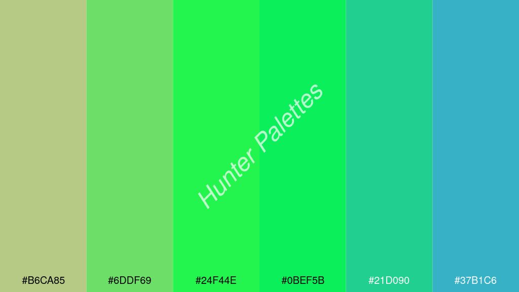 fluoreszkáló zöld szín palettája a következőkkel: #b6ca85 #6ddf69 #24f44e #0bef5b #21d090 #37b1c6