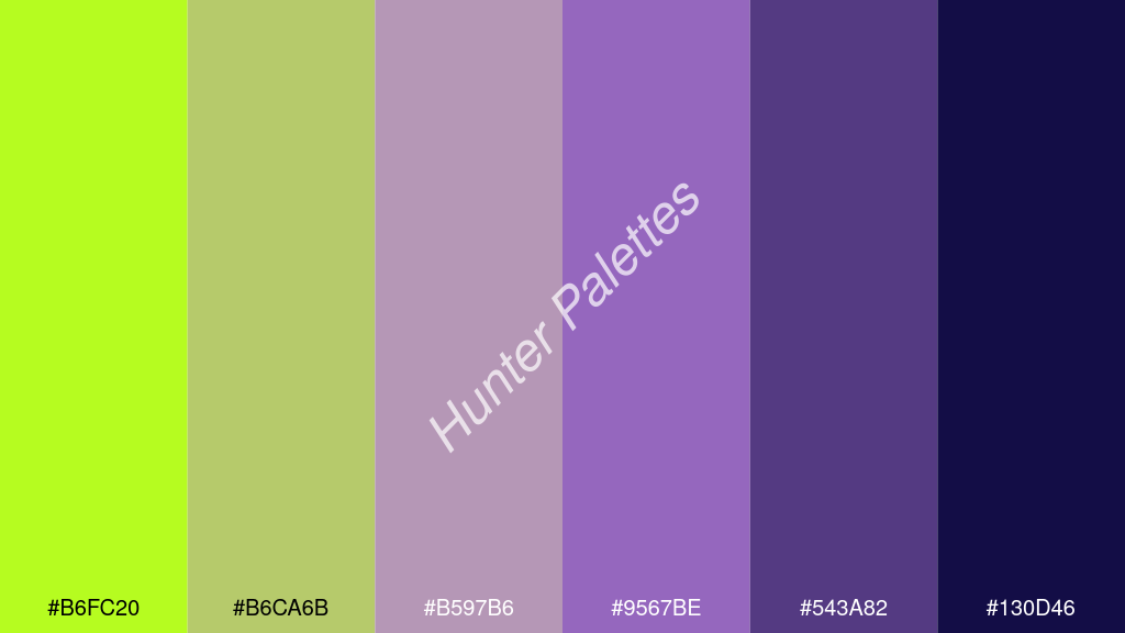 levendula szín palettája a következőkkel: #b6fc20 #b6ca6b #b597b6 #9567be #543a82 #130d46