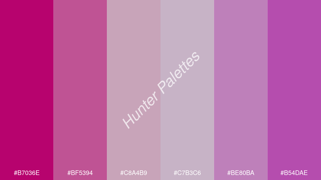 cccccc szín palettája a következőkkel: #b7036e #bf5394 #c8a4b9 #c7b3c6 #be80ba #b54dae