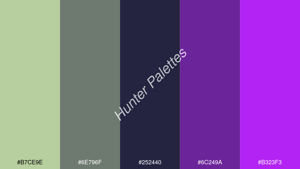 tengerészkék szín palettája a következőkkel: #b7ce9e #6e796f #252440 #6c249a #b323f3