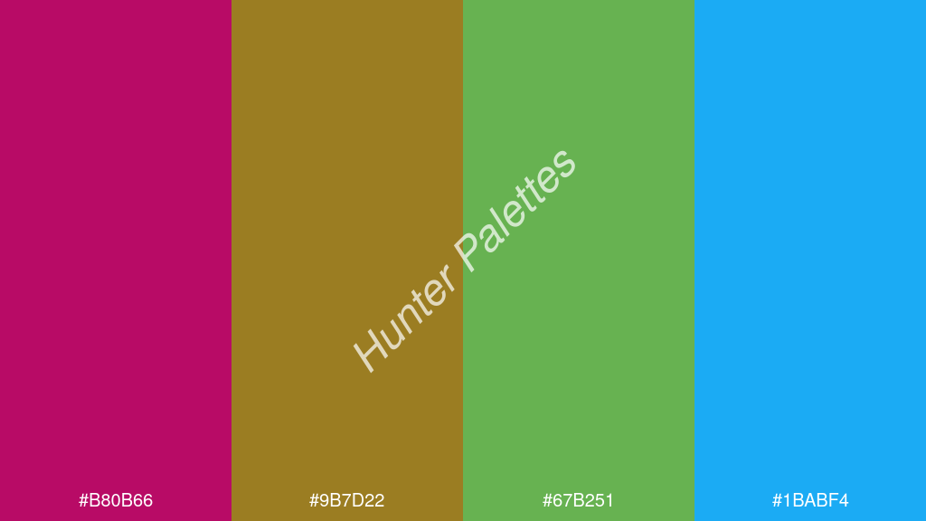 alma zöld szín palettája a következőkkel: #b80b66 #9b7d22 #67b251 #1babf4